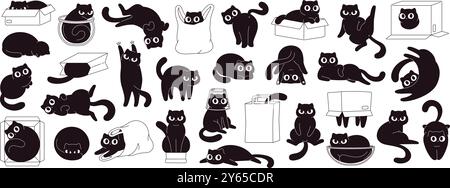 Black cats play with cardboard boxes plastic and shopping bags. Cat is misbehaving and playing around, crazy funny fluffy kittens racy vector clipart Stock Vector
