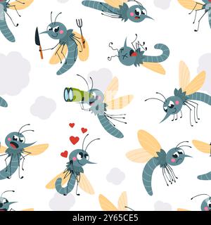 Cute cartoon mosquitos seamless pattern. Funny mosquito eating, in love, scared by toxic smoke. Cute print for fabric, wrapping, vector background Stock Vector