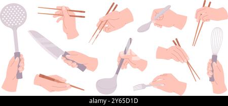 Hands holding utensils. Hand cooking and eating, hold kitchen tools. Spoon chopsticks knife fork in human arm food preparation, racy vector set Stock Vector