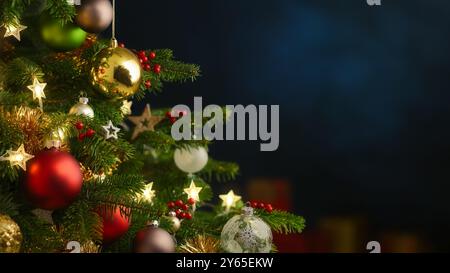 Festive elegant Christmas tree decorated with shiny ornaments, a closeup on dark blue background as copy space Stock Photo
