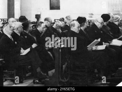 Political Parties Go To Church Together . Seated in St Paul ' s Cathedral during the service . From left to right in the front row are ;  Mr and Mrs Attlee ( Britain ' s Labour Premier and his wife ) , Mr and Mrs Churchill ( the Conservative Leader and his wife ) , Mr and Mrs Clement Davies ( the Liberal leader and his wife ) . In second row can be seen two prominent Conservatives , Mr Anthony Eden ( left , a former Foreign Minister ) and Lord Woolton ( Britain ' s first food Minister during the war ) .  4th October 1951 Stock Photo