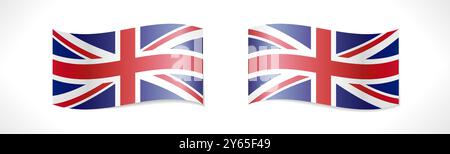 Set of 3D waving flags of the United Kingdom of Great Britain. Isolated design. Badge template. Web icon. Business, sport or tourism concept. T shirt Stock Vector