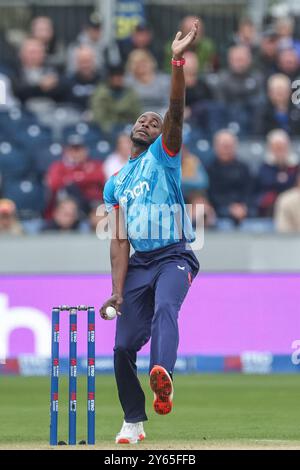 Jofra Archer of England delivers the ball during the Third Metro Bank One Day International match England vs Australia at The Seat Unique Riverside, Chester-le-street, United Kingdom, 24th September 2024  (Photo by Mark Cosgrove/News Images) in Chester-le-street, United Kingdom on 9/24/2024. (Photo by Mark Cosgrove/News Images/Sipa USA) Stock Photo