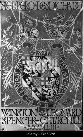 Sir Winston Churchill ' s Garter Plate The Garter plate which has been affixed to the Stall in St George ' s Chapel , Windsor , where Sir Winston Churchill is to be installed as Knight Companion of the Garter at an installation service of the most Noble Order of the Garter . The stall plate , of gilded metal enamelled with Sir Winstons coat of arms has been designed and made by Mr Harold D . W soper , of Millford on Sea , Lymington , Hampshire , who has made over 70 such plates since 1908 . Every knight of the Garter has one of these heraldic plates affixed to his Stall , and it remains there Stock Photo