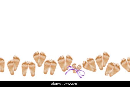 9 pairs of newborn babies feet one pair of premature baby tied with purple ribbon with a bow in a seamless border as a symbol of World Premature Baby Stock Photo