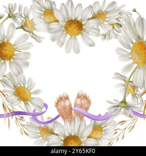 Heart-shape frame of white Daisies and dried flowers with baby’s feet and purple ribbon as a symbol of world prematurity day.Wildflowers for Stock Photo