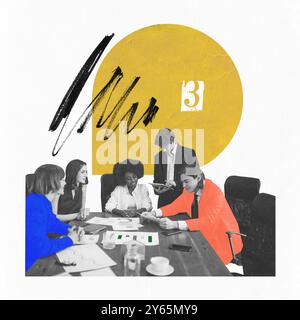 Contemporary art collage. Diverse business team collaborates around conference table, reviewing documents and discussing strategy. Graphic. Stock Photo