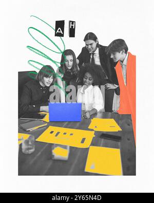 Contemporary art collage. Focused business team studies data on laptop during meeting. Creative lines and colorful abstract shapes on backdrop. Stock Photo