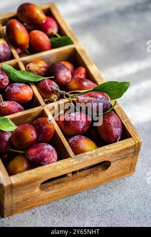 From above organic ripe plums freshly picked from the orchard, neatly arranged in a rustic wooden crate. The vibrant colors of the plums range from de Stock Photo