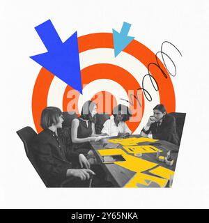 Contemporary art collage. Leaders and collaborators work side by side, focusing on business target, with bold design elements directing attention to Stock Photo