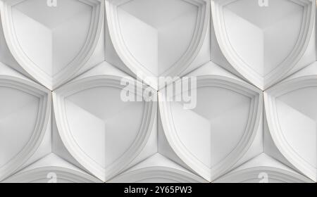 Seamless 3D white geometric pattern featuring a combination of triangle and star shapes forming an elegant symmetrical design, ideal for backgrounds a Stock Photo