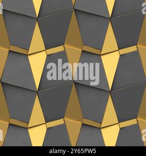 This illustration features a seamless 3D geometric pattern composed of interlocking gold triangular and gray trapezoid shapes, creating a modern and l Stock Photo