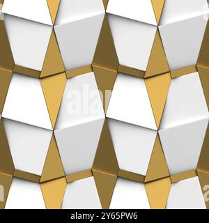 This illustration features a seamless 3D geometric pattern composed of interlocking triangles and trapezoids in shades of gold and white The image sho Stock Photo