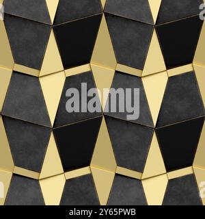 This 3D illustration features a seamless geometric pattern composed of black and gold textured triangles and trapezoids Perfect for projects needing a Stock Photo