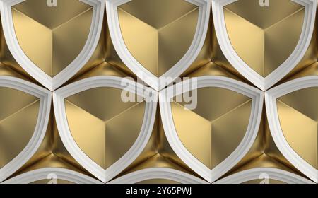 A sophisticated digital illustration featuring a seamless pattern of golden triangles encased in white borders, rendering a three-dimensional star eff Stock Photo