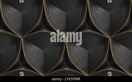 An intricate 3D geometric pattern featuring triangle star shapes in elegant black and gold tones ideal for modern design backgrounds Stock Photo