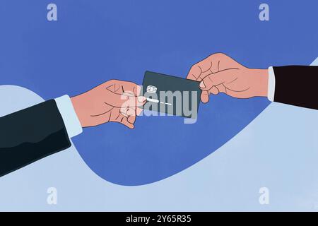 Illustration of two hands exchanging a credit card, set on a simple blue background The image represents financial transactions, credit, or debit card Stock Photo