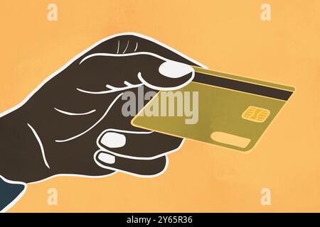 A simple, bold illustration depicting a hand holding a golden-yellow credit card against a soft orange background This graphic emphasizes modern finan Stock Photo