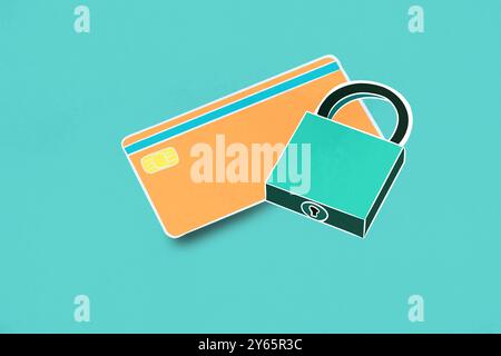 Illustration of a credit card alongside a green padlock, symbolizing security and protection against fraud, set against a simple teal background Stock Photo