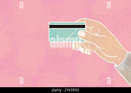 An illustration depicting a hand gracefully holding a teal credit card against a soft pink backdrop, emphasizing simplicity and modern finance Stock Photo