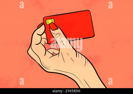 A vibrant illustration depicting a hand holding a glossy red credit card against a textured pink background, emphasizing consumerism and financial the Stock Photo