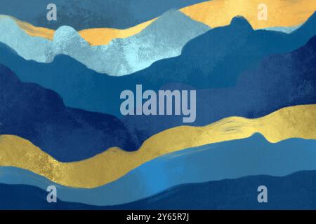 Minimalist abstract art featuring layered blue and gold mountain shapes against a textured background, ideal for modern decor. Stock Photo