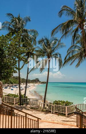 A serene view of Varadero Beach in Cuba, capturing the vivid blue ocean, fluffy white clouds, and towering palm trees The peaceful seaside scene is en Stock Photo