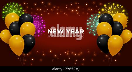 Vector illustration of Happy New Year background with bursting fireworks and bunch of balloons Stock Vector