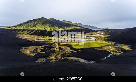 Captivating view of the Icelandic Highlands, featuring contrasting landscapes with vibrant green vegetation and dark volcanic earth, shaped by both wa Stock Photo