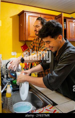 A loving gay couple shares a light moment while doing dishes together in a bright kitchen, showcasing everyday life and partnership Stock Photo