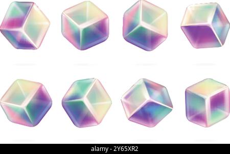 Holographic gradient cubes. Plastic colourful rainbow cube, geometric 3d block neon colors glossy hologram metallic effect abstract square shape figure, exact vector illustration original artwork Stock Vector