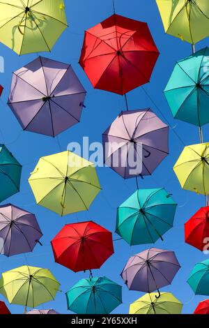 A vibrant display of multiple colored umbrellas floating against a clear blue sky, creating a cheerful and artistic outdoor canopy Stock Photo