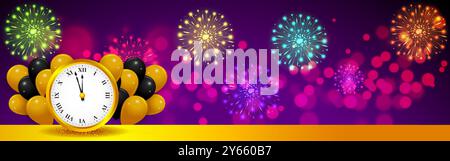 Vector illustration of golden clock and bunch of balloons in front of colorful bursting fireworks background Stock Vector