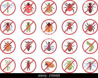 Anti insect signs. Stop insects icon, pest control repellent bug silhouette no pests repellan parasites danger vermin sign mosquito tick fly ant flea, swanky vector illustration original artwork Stock Vector