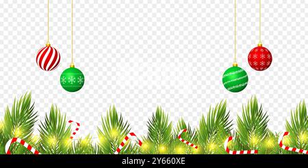 Vector illustration of fir branches with lights and Christmas balls border on transparent background Stock Vector