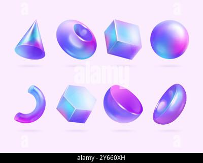Realistic holographic shapes. 3d figure hologram rainbow prism reflection, abstract trendy geometric gradient shape futuristic sphere cube form render, exact vector illustration original artwork Stock Vector