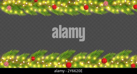 Vector illustration of fir branches with lights and christmas balls border on transparent background Stock Vector