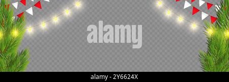 Vector illustration of fir branches with lights and party triangles border on transparent background Stock Vector