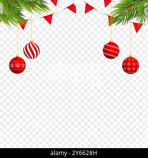 Vector illustration of fir branches with Christmas balls and party triangles border on transparent background Stock Vector