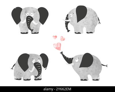 Set of funny elephants. Vector cute watercolor animals illustration Stock Vector