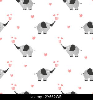 Cute elephants with hearts seamless pattern. Vector illustration Stock Vector