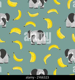 Cute elephants and bananas seamless pattern. Vector illustration with funny animals Stock Vector