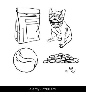 Set with French bulldog, food package, ball and scattered food. Sketch illustration. Black and white. Stock Photo