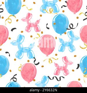 Blue and pink watercolor balloons seamless pattern. Vector baby shower party illustration. Celebration background Stock Vector