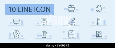 Home appliances set icon. Washing machine, scale, fryer, fridge, stove, mixer, coffee maker, vacuum, smart device, kitchen, cleaning, household, cooki Stock Vector