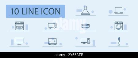 Home electronics set icon. Oven, blender, laptop, monitor, microwave, washing machine, fan, toaster, desktop, hood, kitchen, home appliances, technolo Stock Vector