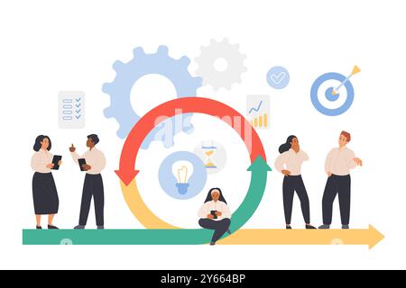 Agile scrum methodology, flexible business process, life cycle for software development. Tiny people work, testing digital project at rotation cyclic progress arrow cartoon vector illustration Stock Vector