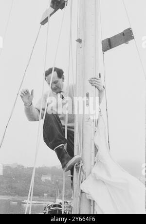 Round the world yacht race, Teignmouth , Devon. Donald Crowhurst, a competitor in his Trimaran ' Teignmouth Electron '.  15th April 1969 Stock Photo