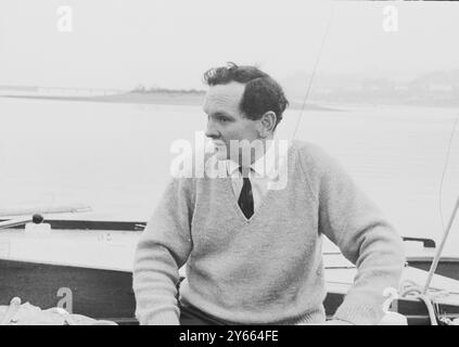 Round the world yacht race, Teignmouth , Devon. Donald Crowhurst, a competitor in his Trimaran ' Teignmouth Electron '.  15h April 1969 Stock Photo