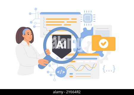 Artificial intelligence and neural networks control, search and coding check with AI. Tiny woman looking through magnifying glass at code, learning and testing program bugs cartoon vector illustration Stock Vector